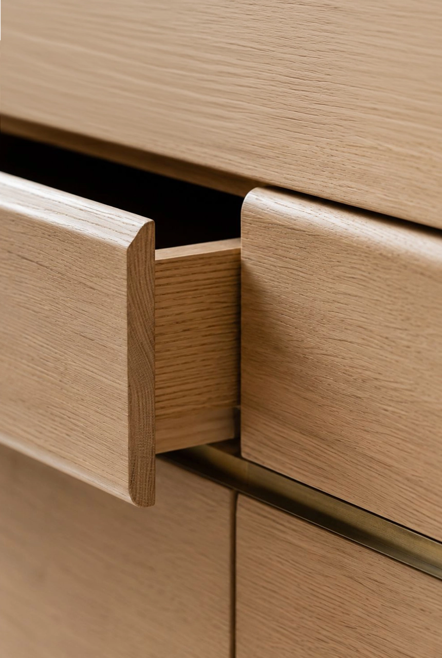 X4 Design and Build wooden drawer profile detail with concealed groove, natural wood grain, clean cabinet lines, and refined luxury joinery finishing